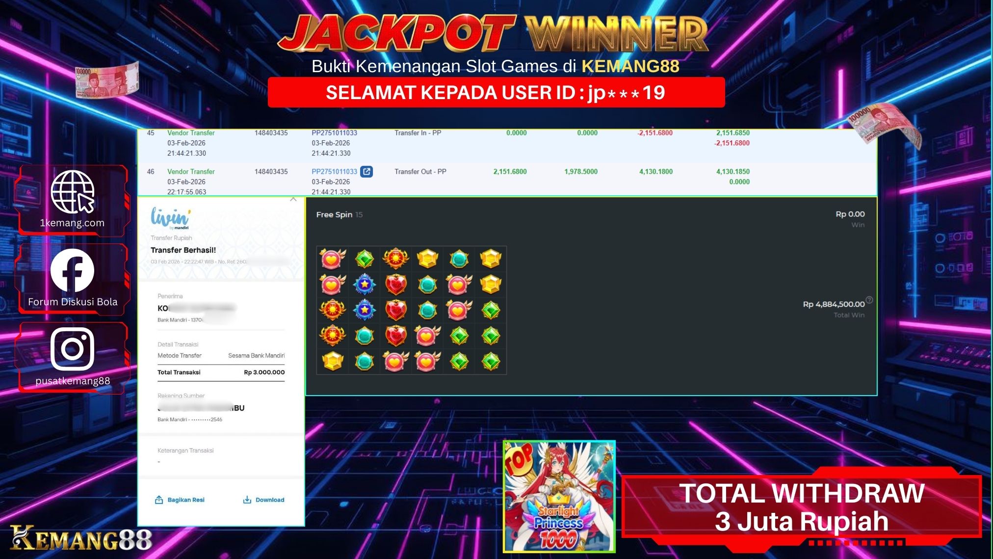 KEMANG88 [03 February 2026] : JACKPOT SLOT : STARLIGHT PRINCESS 1000 [PP] Rp. 3.000.000.,- LUNAS [1]