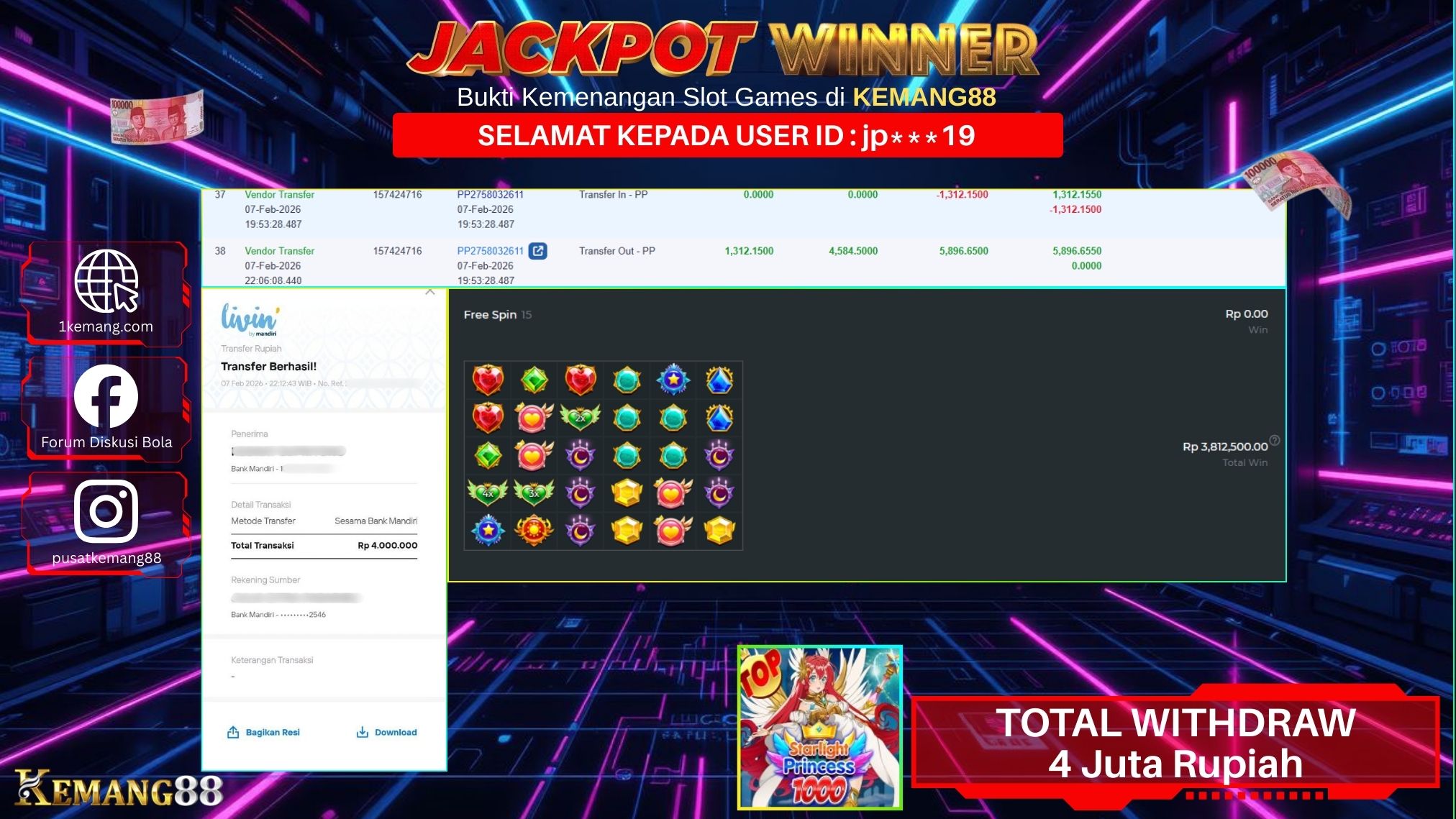 KEMANG88 [07 February 2026] : JACKPOT SLOT : STARLIGHT PRINCESS 1000 [PP] Rp. 4.000.000.,- LUNAS