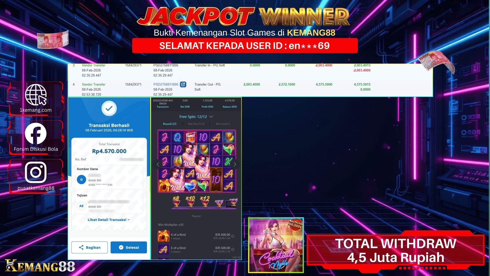 KEMANG88 [08 February 2026] : JACKPOT SLOT : COCKTAL NIGHTS [PG] Rp. 4.570.000.,- LUNAS