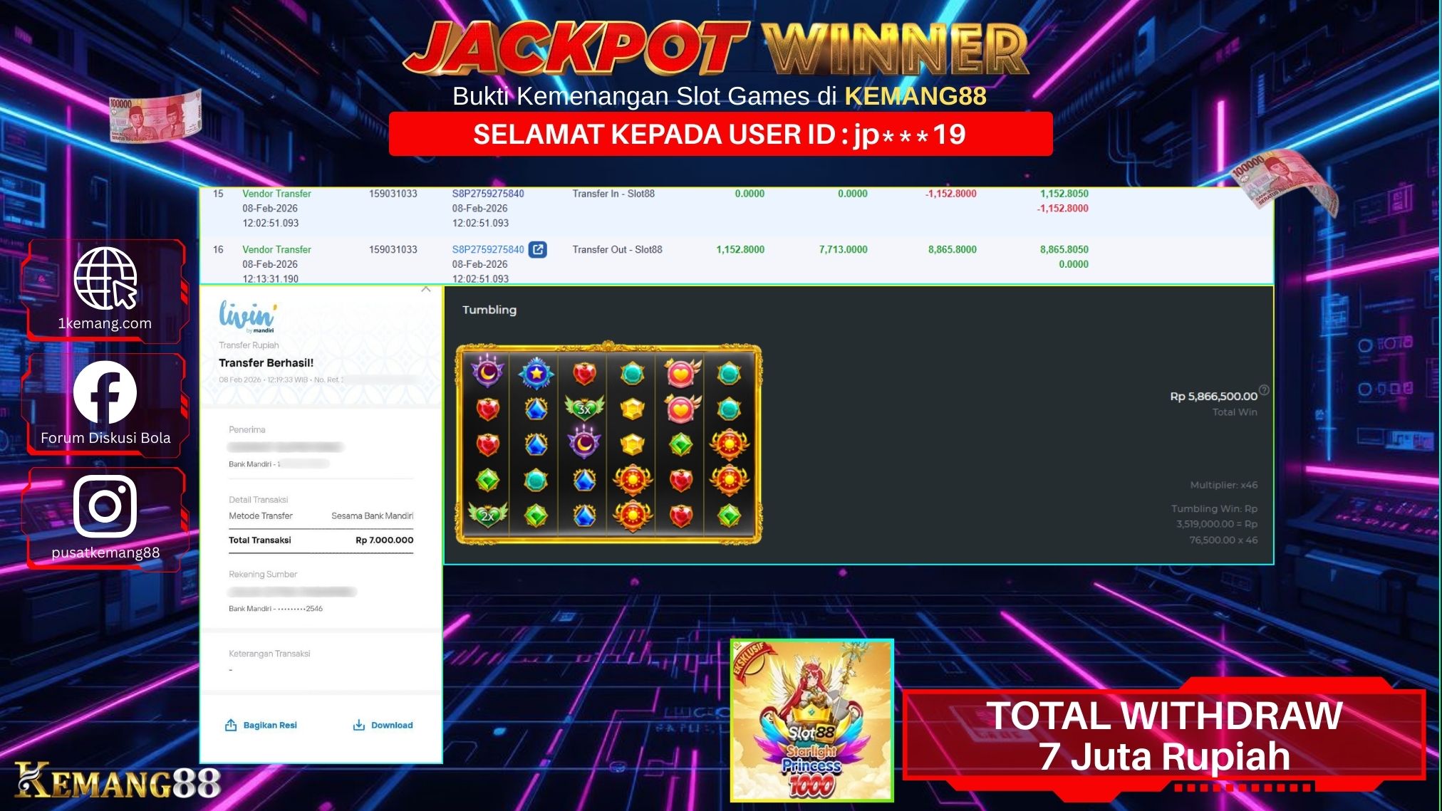 KEMANG88 [08 February 2026] : JACKPOT SLOT : STARLIGHT PRINCESS 1000 [SLOT88] Rp. 7.000.000.,- LUNAS