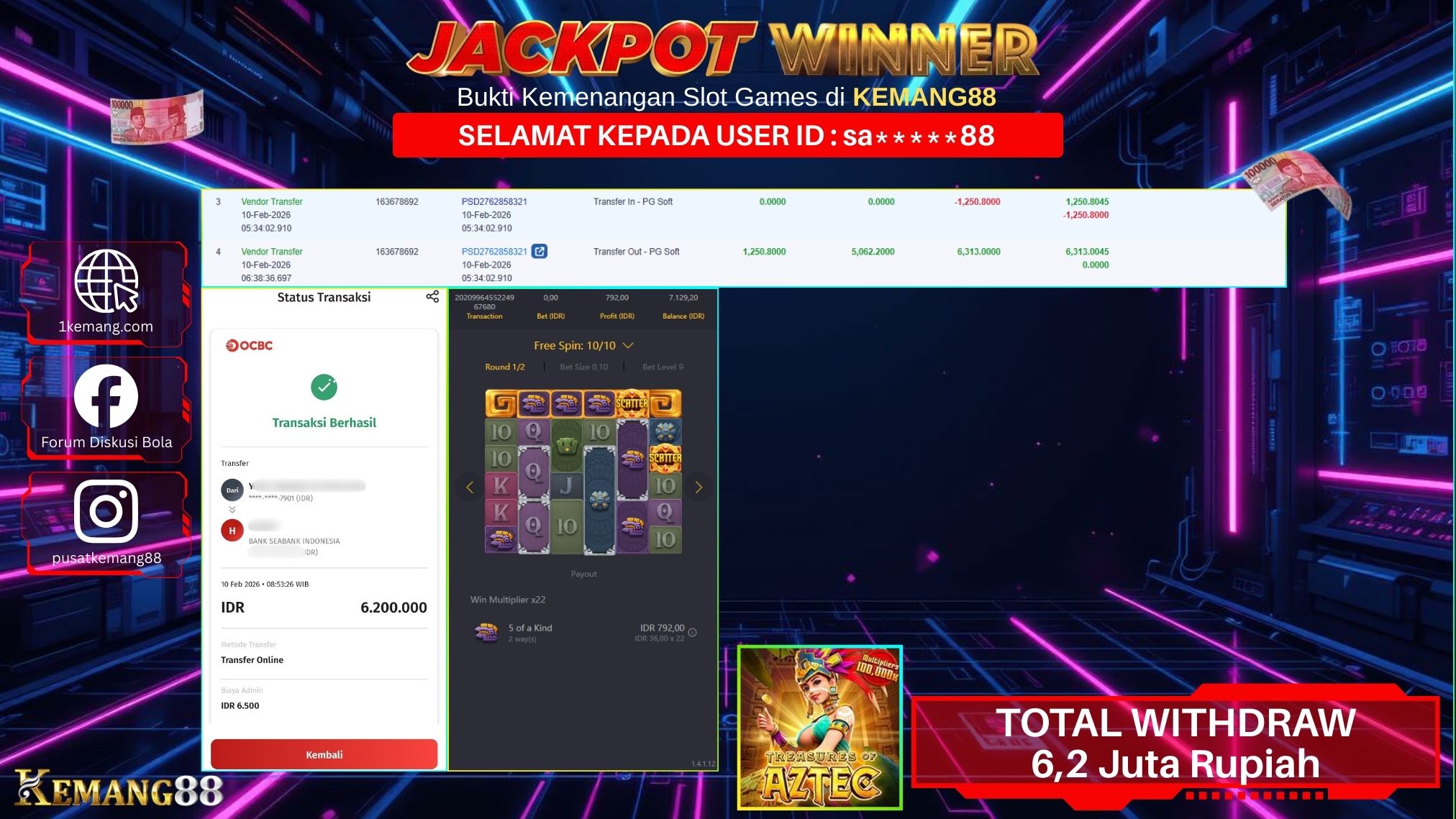 KEMANG88 [10 February 2026] : JACKPOT SLOT : TREASURE OF AZTEC [PG] Rp. 6.200.000.,- LUNAS