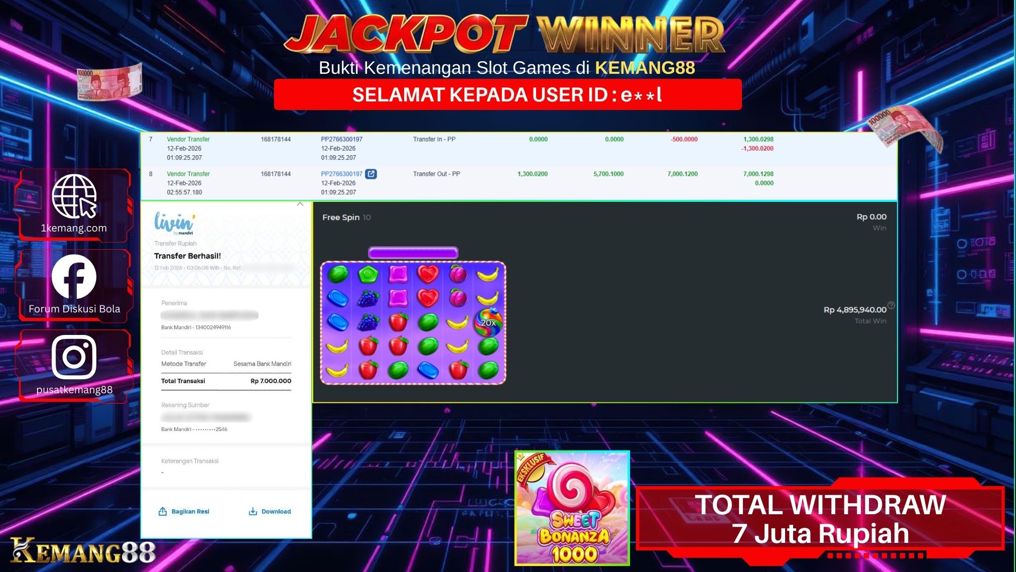 KEMANG88 [12 February 2026] : JACKPOT SLOT : SWEET BONANZA 1000 [PP] Rp. 7.000.000.,- LUNAS