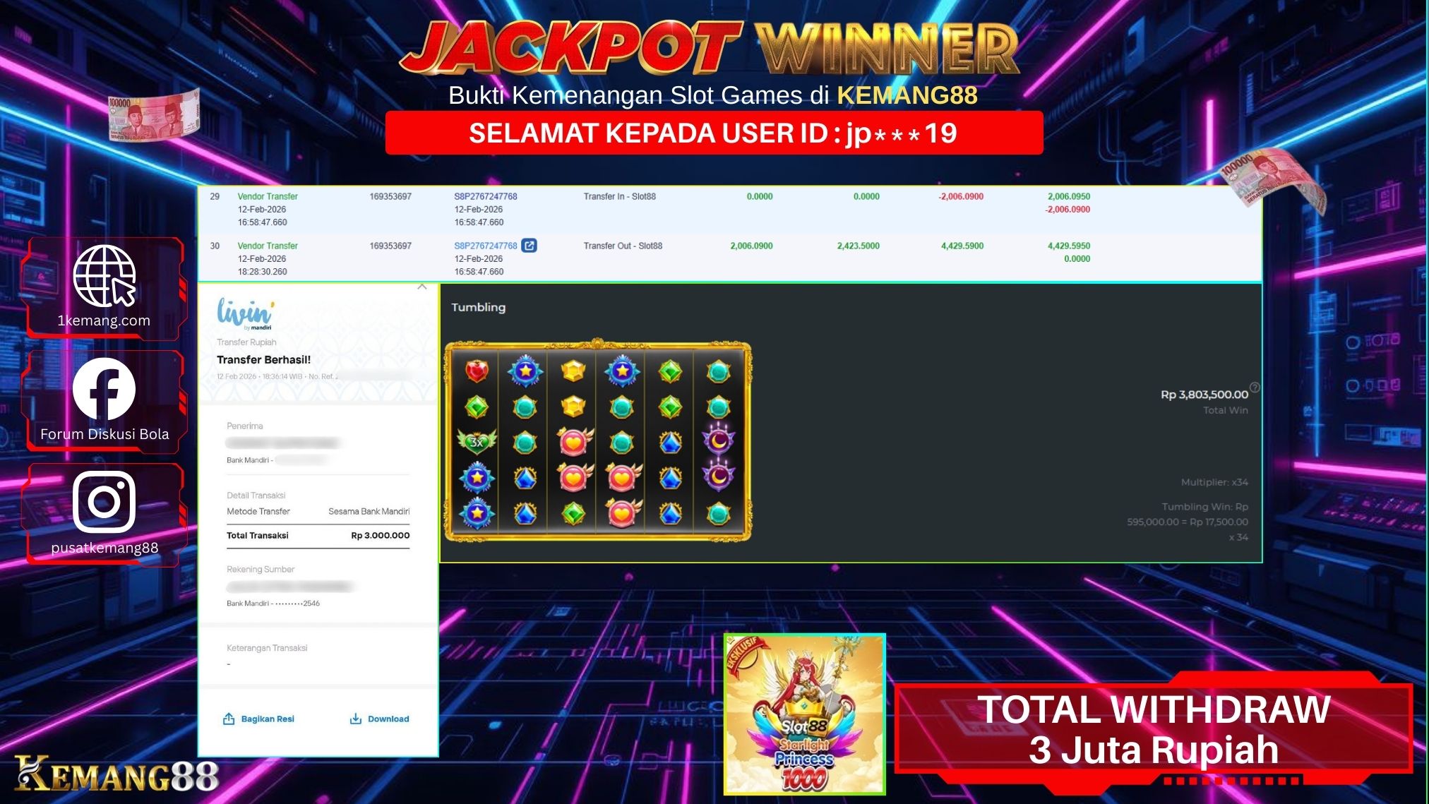 KEMANG88 [12 February 2026] : JACKPOT SLOT : STARLIGHT PRINCESS 1000 [SLOT88] Rp. 3.000.000.,- LUNAS [3]