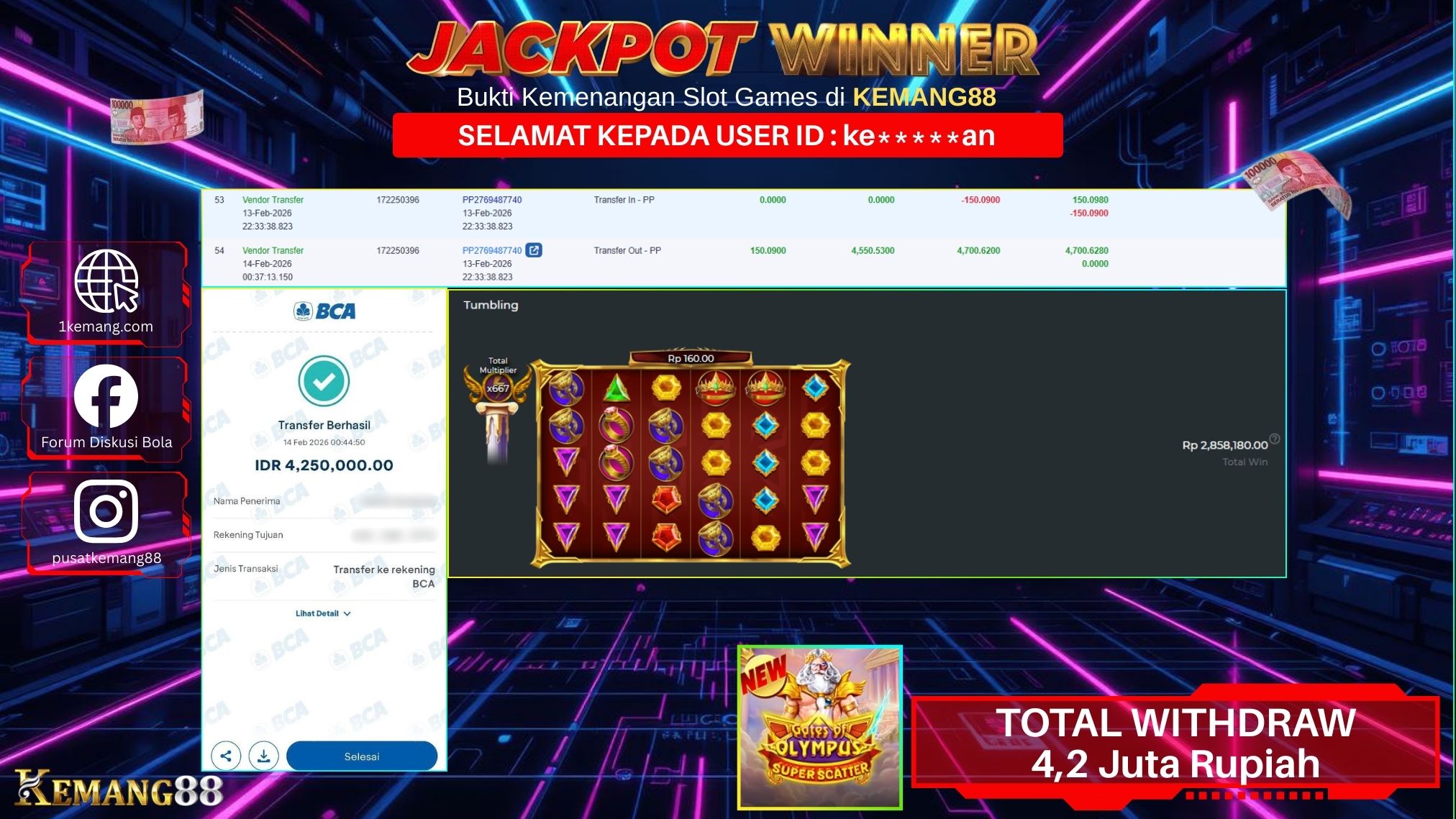 KEMANG88 [14 February 2026] : JACKPOT SLOT : GATES OF OLYMPUS SUPER SCATTER [PP] Rp. 4.250.000.,- LUNAS