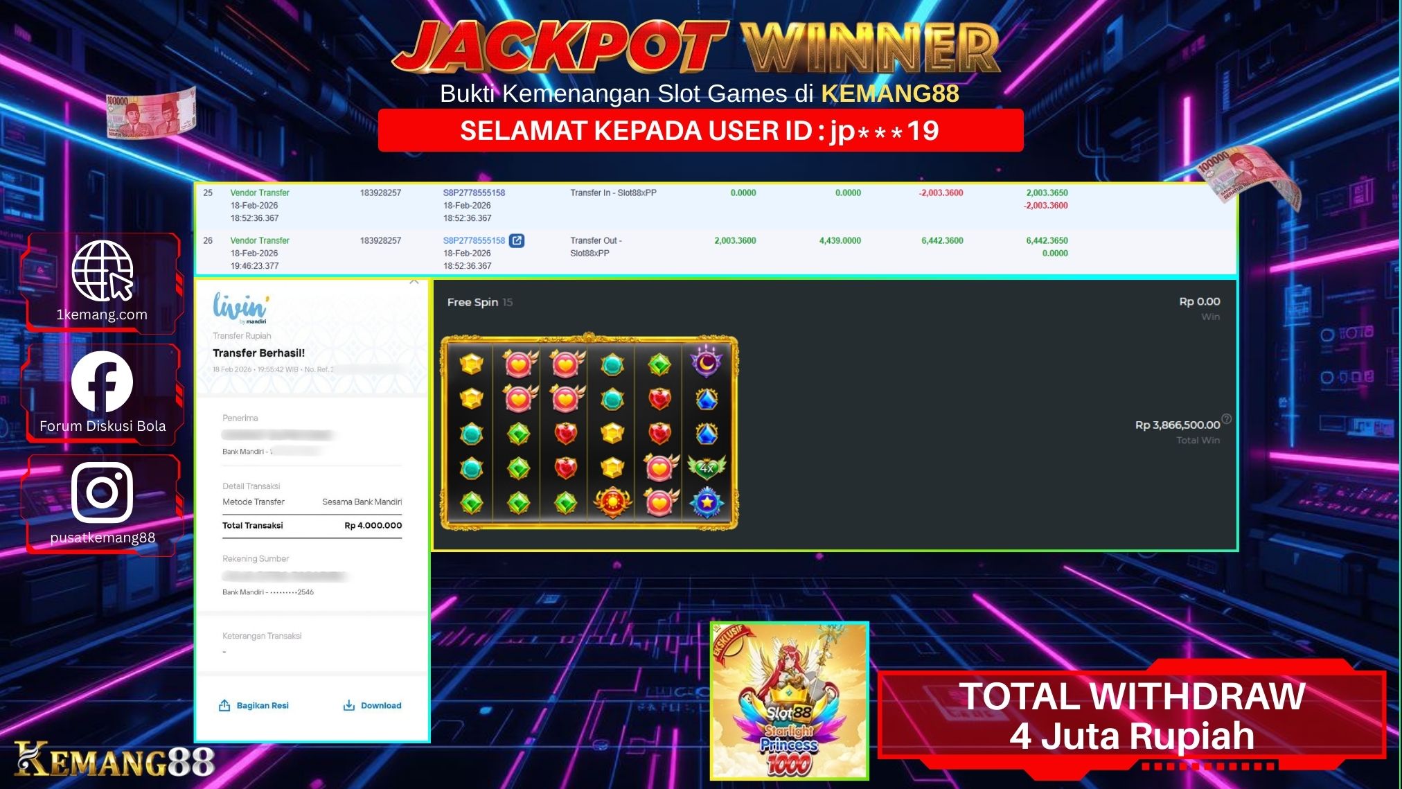 KEMANG88 [18 February 2026] : JACKPOT SLOT : STARLIGHT PRINCESS 1000 [SLOT88] Rp. 4.000.000.,- LUNAS