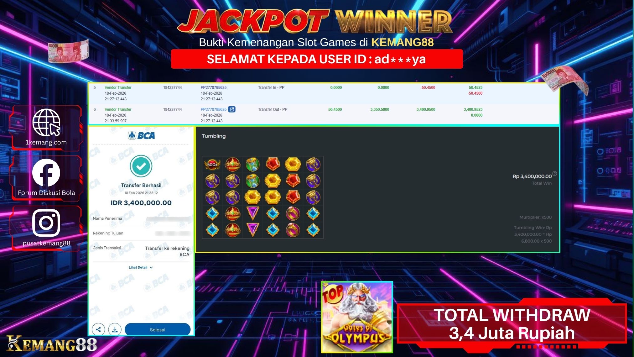 KEMANG88 [18 February 2026] : JACKPOT SLOT : GATES OF OLYMPUS [PP] Rp. 3.400.000.,- LUNAS