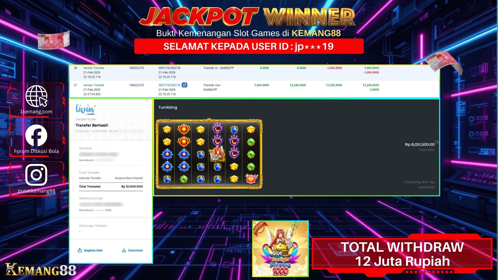 KEMANG88 [21 February 2026] : JACKPOT SLOT : STARLIGHT PRINCESS 1000 [SLOT88] Rp. 12.000.000.,- LUNAS