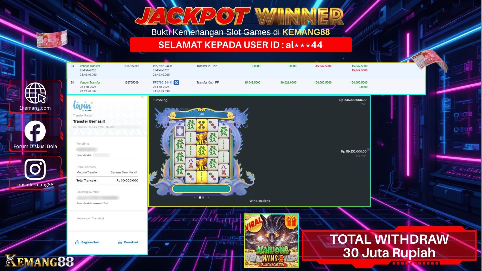 KEMANG88 [26 February 2026] : JACKPOT SLOT : MAHJONG WINS 3 BLACK SCATTER [PP] Rp. 30.000.000.,- LUNAS [2]