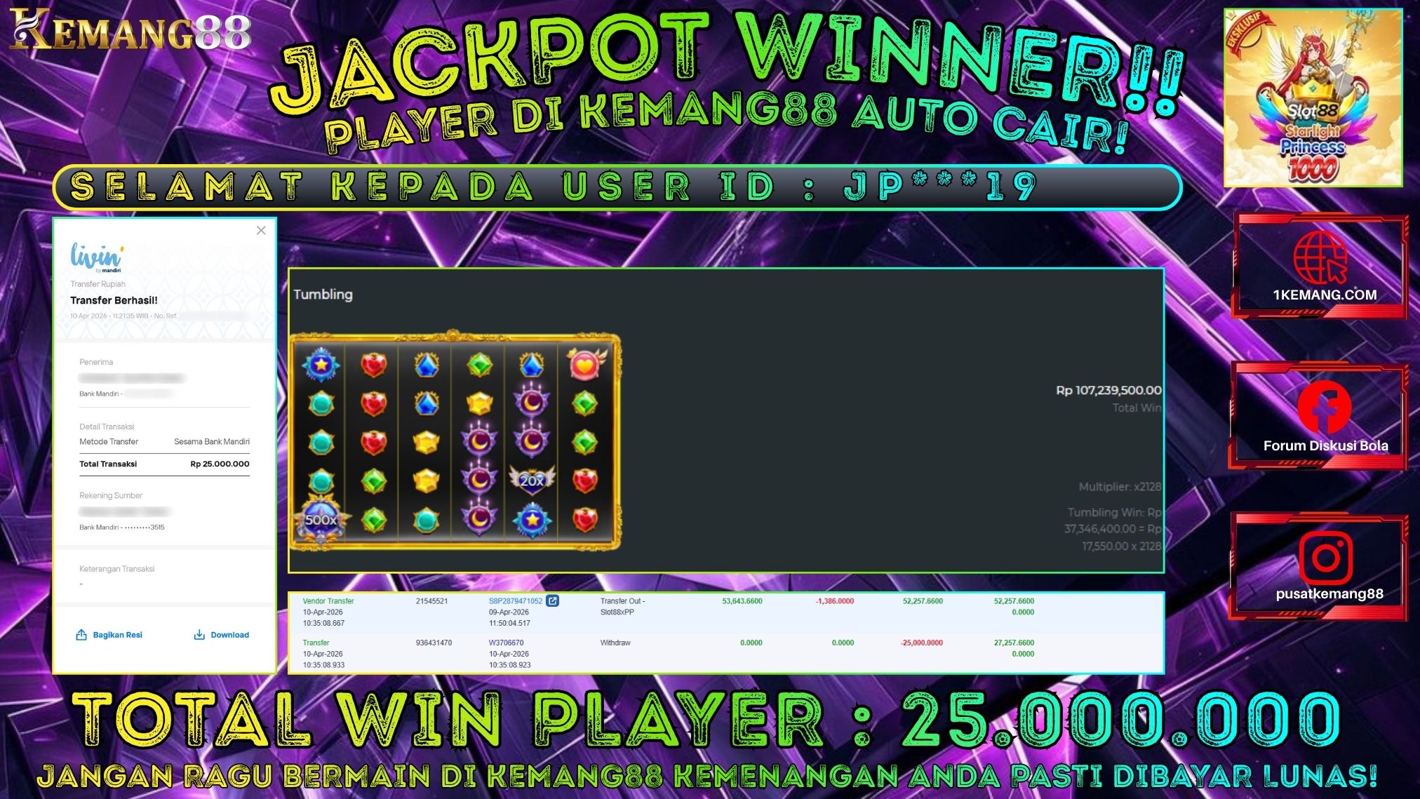 KEMANG88 [10 April 2026] : JACKPOT SLOT : STARLIGHT PRINCESS 1000 [SLOT88] Rp. 25.000.000.,- LUNAS [3]