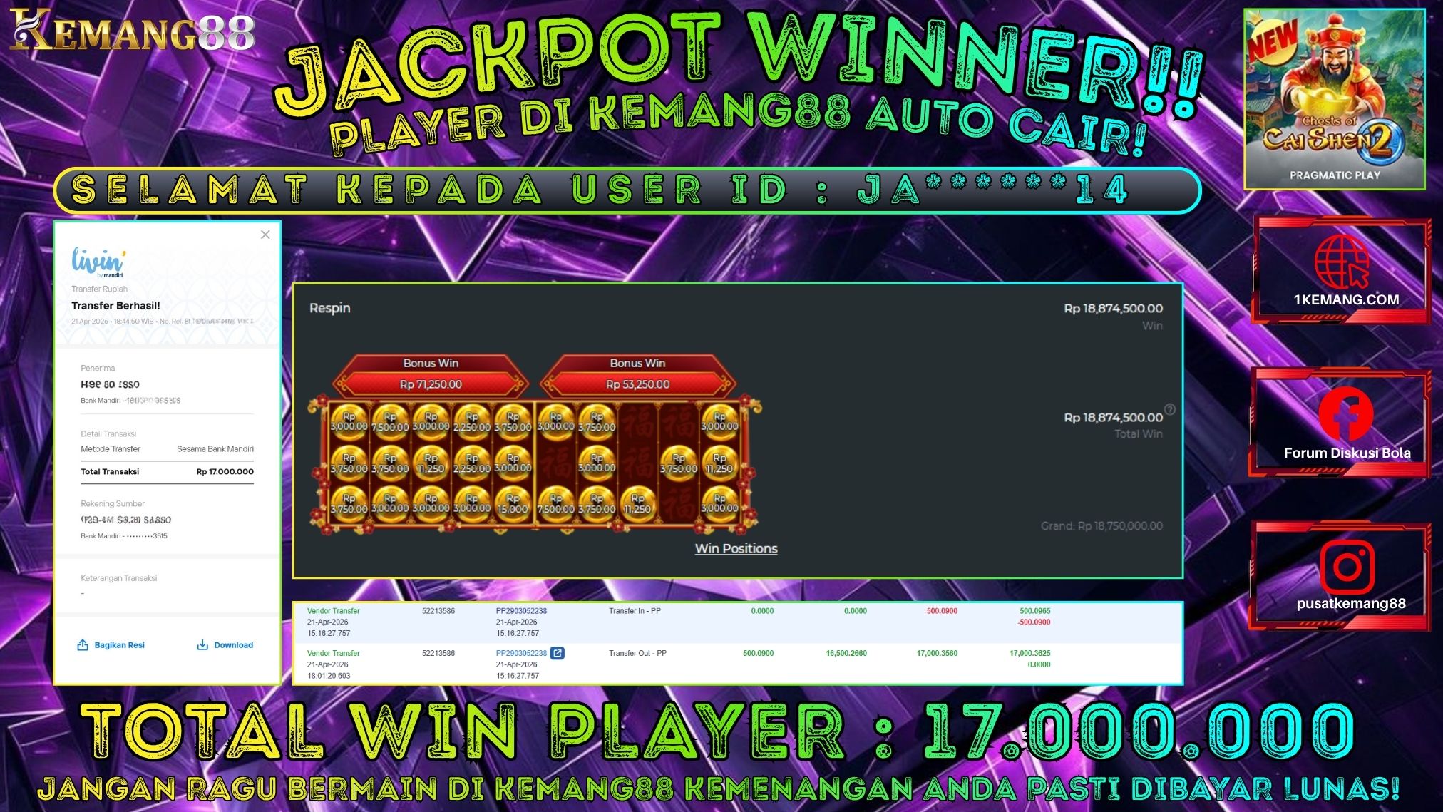 KEMANG88 [21 April 2026] : JACKPOT SLOT : CHESTS OF CAI SHEN 2 [PP] Rp. 17.000.000.,- LUNAS