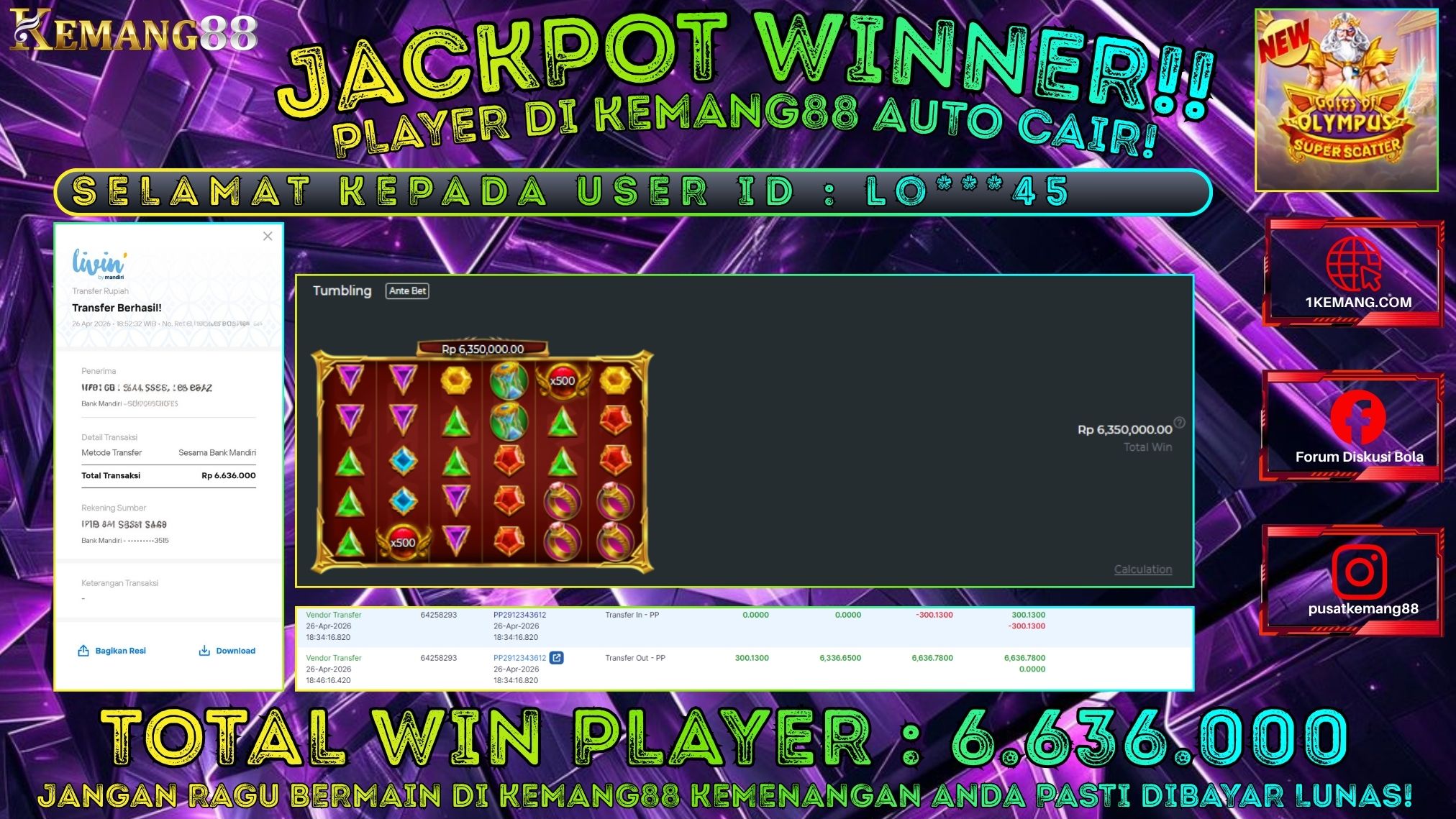 KEMANG88 [26 April 2026] : JACKPOT SLOT : GATES OF OLYMPUS SUPER SCATTER [PP] Rp. 6.636.000.,- LUNAS