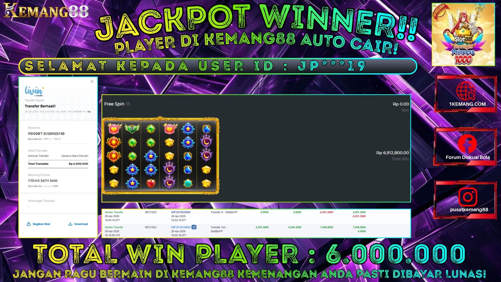 KEMANG88 [28 April 2026] : JACKPOT SLOT : STARLIGHT PRINCESS 1000 [SLOT88] Rp. 6.000.000.,- LUNAS