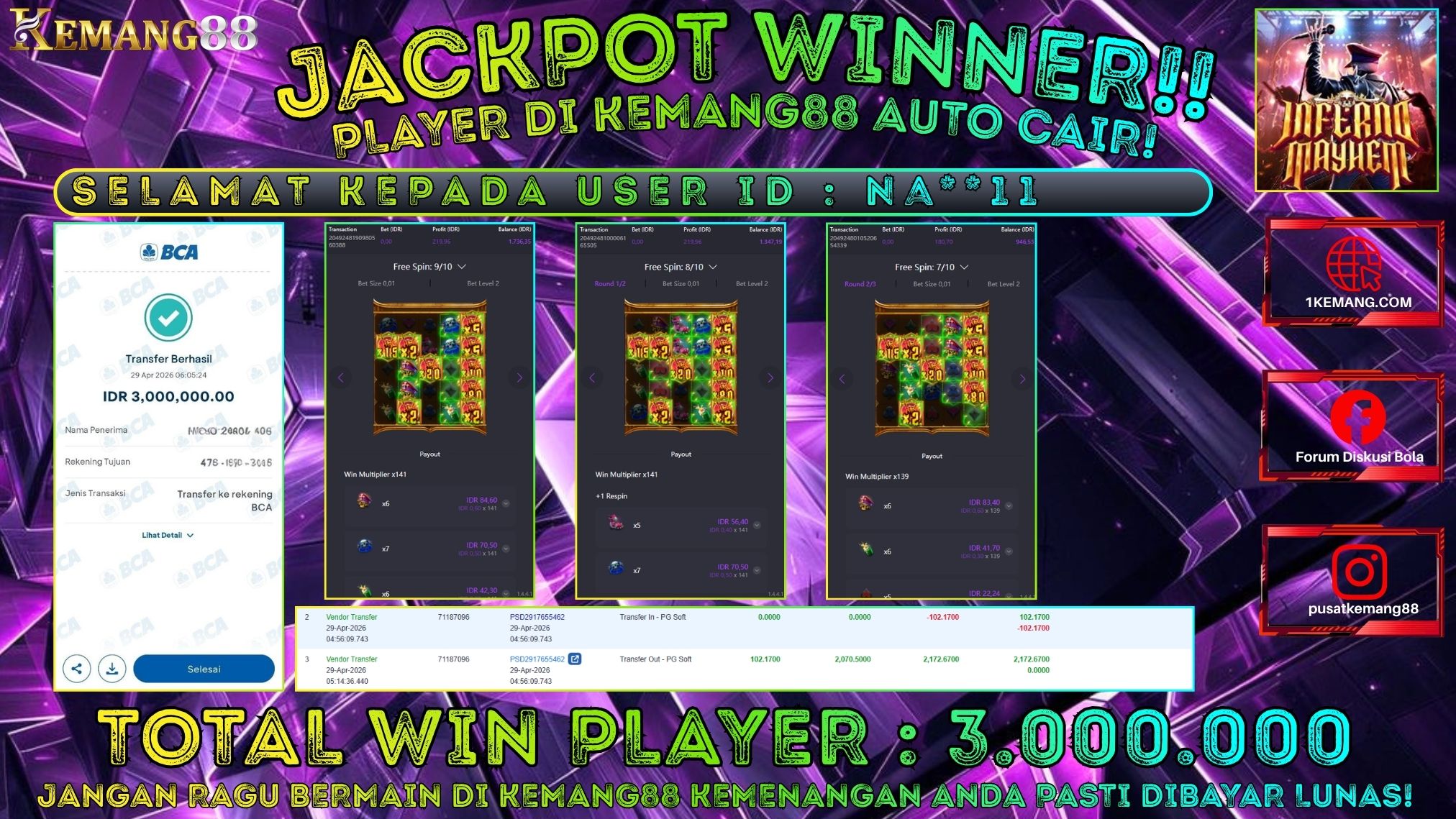 KEMANG88 [29 April 2026] : JACKPOT SLOT : INFERNO MAYHEM [PG] Rp. 3.000.000.,- LUNAS