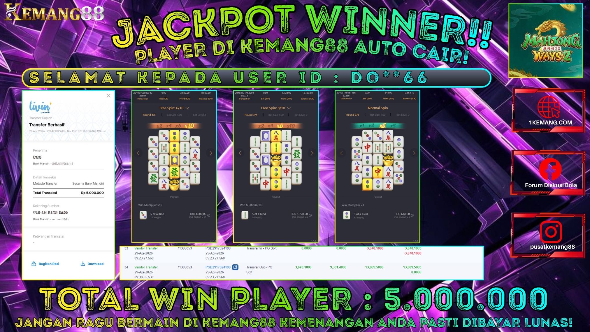 KEMANG88 [29 April 2026] : JACKPOT SLOT : MAHJONG WAYS 2 [PG] Rp. 5.000.000.,- LUNAS [1]