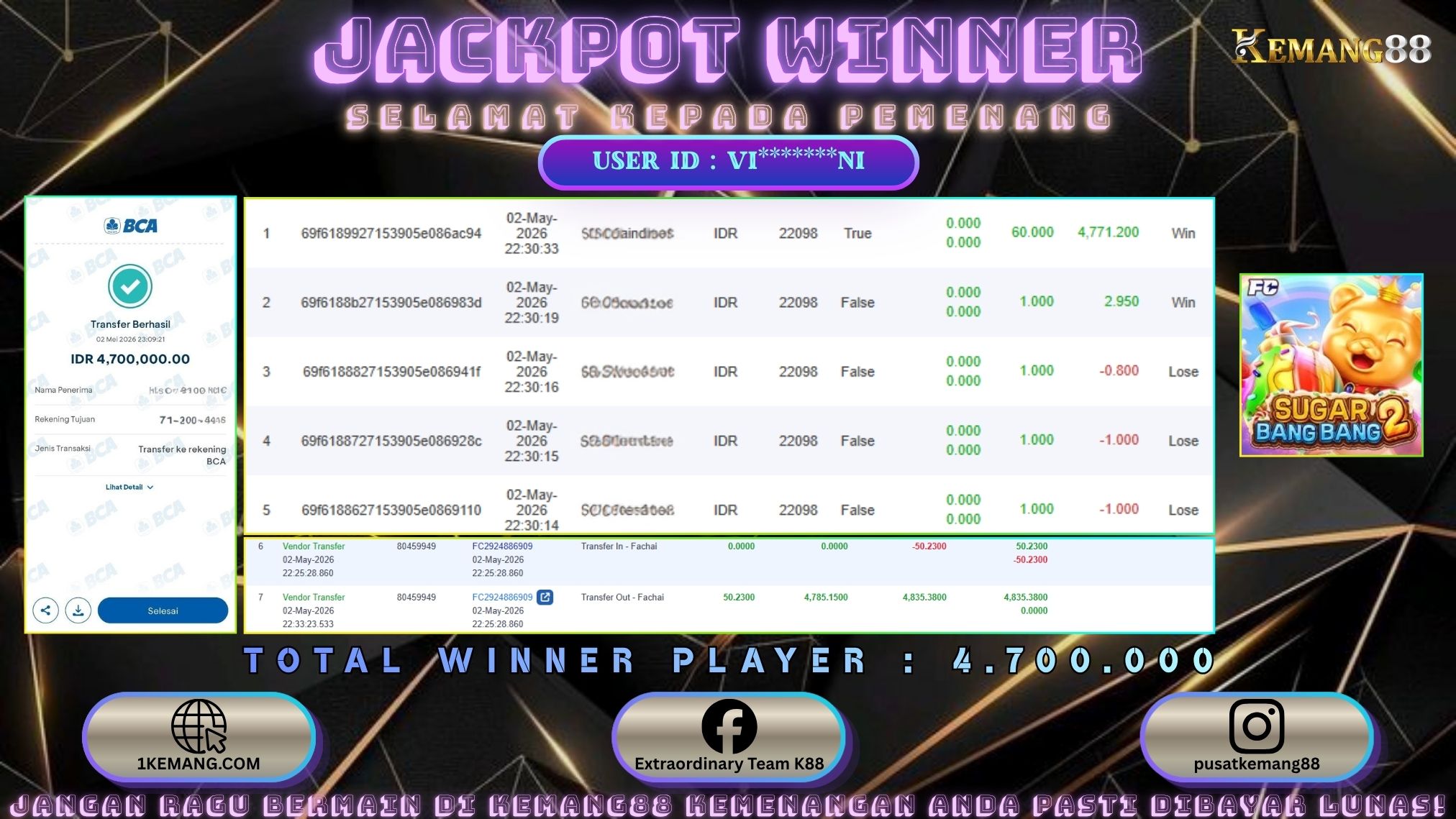 KEMANG88 [02 Mei 2026] : JACKPOT SLOT : SUGAR BANG BANG 2 [FC] Rp. 4.700.000.,- LUNAS