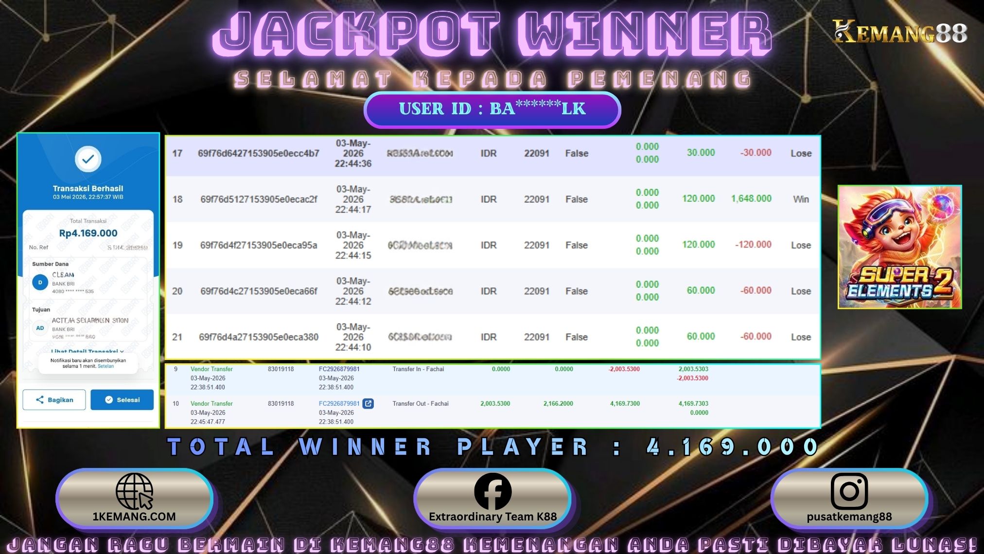 KEMANG88 [03 Mei 2026] : JACKPOT SLOT : SUPER ELEMENTS 2 [FC] Rp. 4.169.000.,- LUNAS