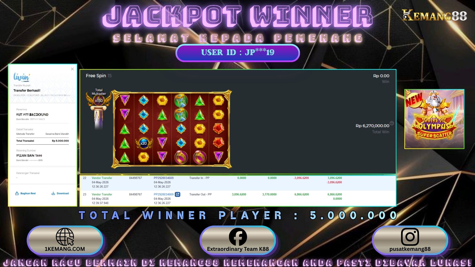 KEMANG88 [04 Mei 2026] : JACKPOT SLOT : GATES OF OLYMPUS SUPER SCATTER [PP] Rp. 5.000.000.,- LUNAS