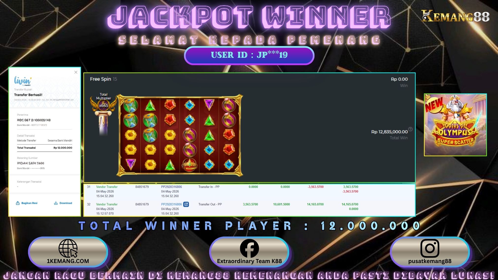 KEMANG88 [04 Mei 2026] : JACKPOT SLOT : GATES OF OLYMPUS SUPER SCATTER [PP] Rp. 12.000.000.,- LUNAS