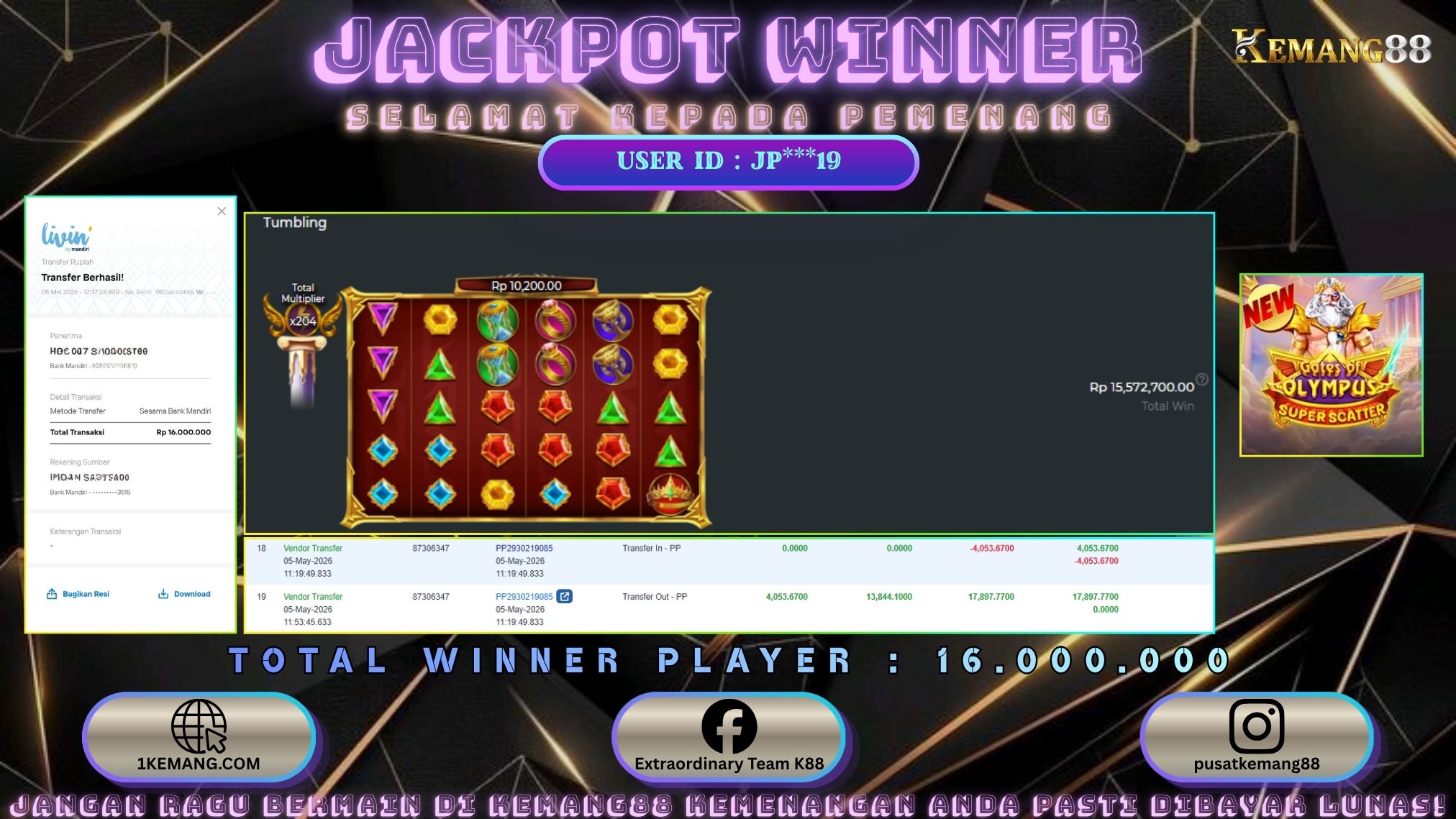 KEMANG88 [05 Mei 2026] : JACKPOT SLOT : GATES OF OLYMPUS SUPER SCATTER [PP] Rp. 16.000.000.,- LUNAS