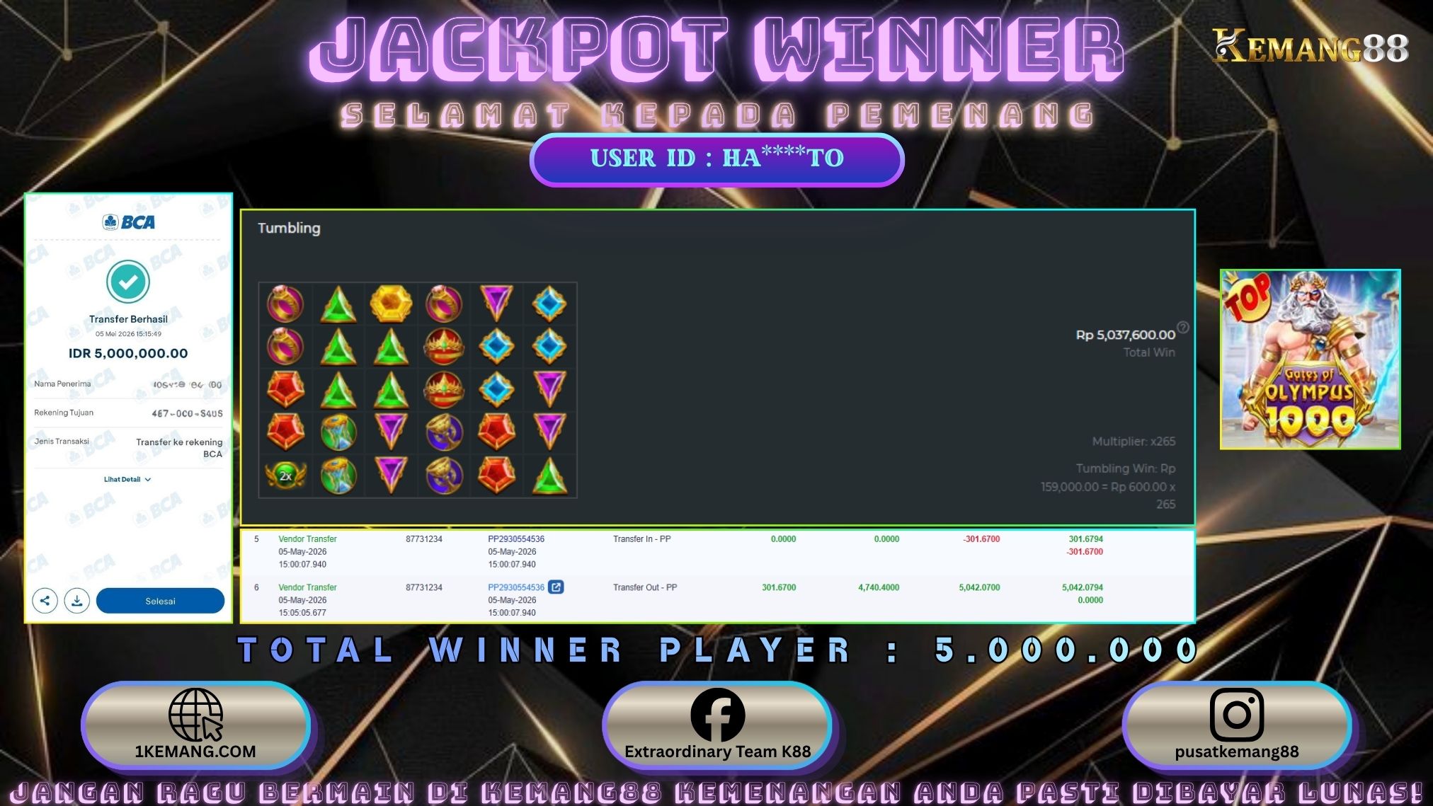 KEMANG88 [05 Mei 2026] : JACKPOT SLOT : GATES OF OLYMPUS 1000 [PP] Rp. 5.000.000.,- LUNAS