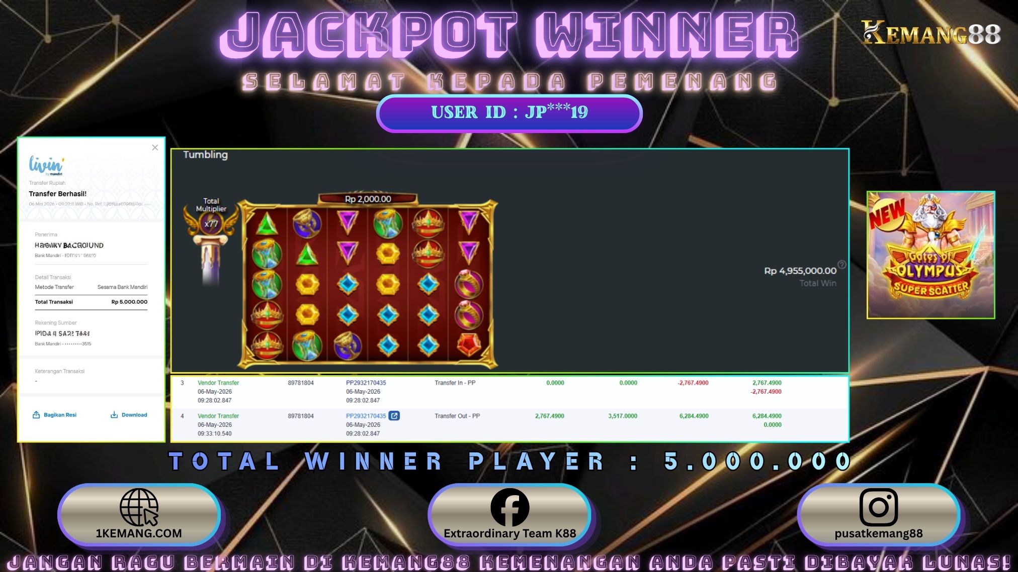 KEMANG88 [06 Mei 2026] : JACKPOT SLOT : GATES OF OLYMPUS SUPER SCATTER [PP] Rp. 5.000.000.,- LUNAS