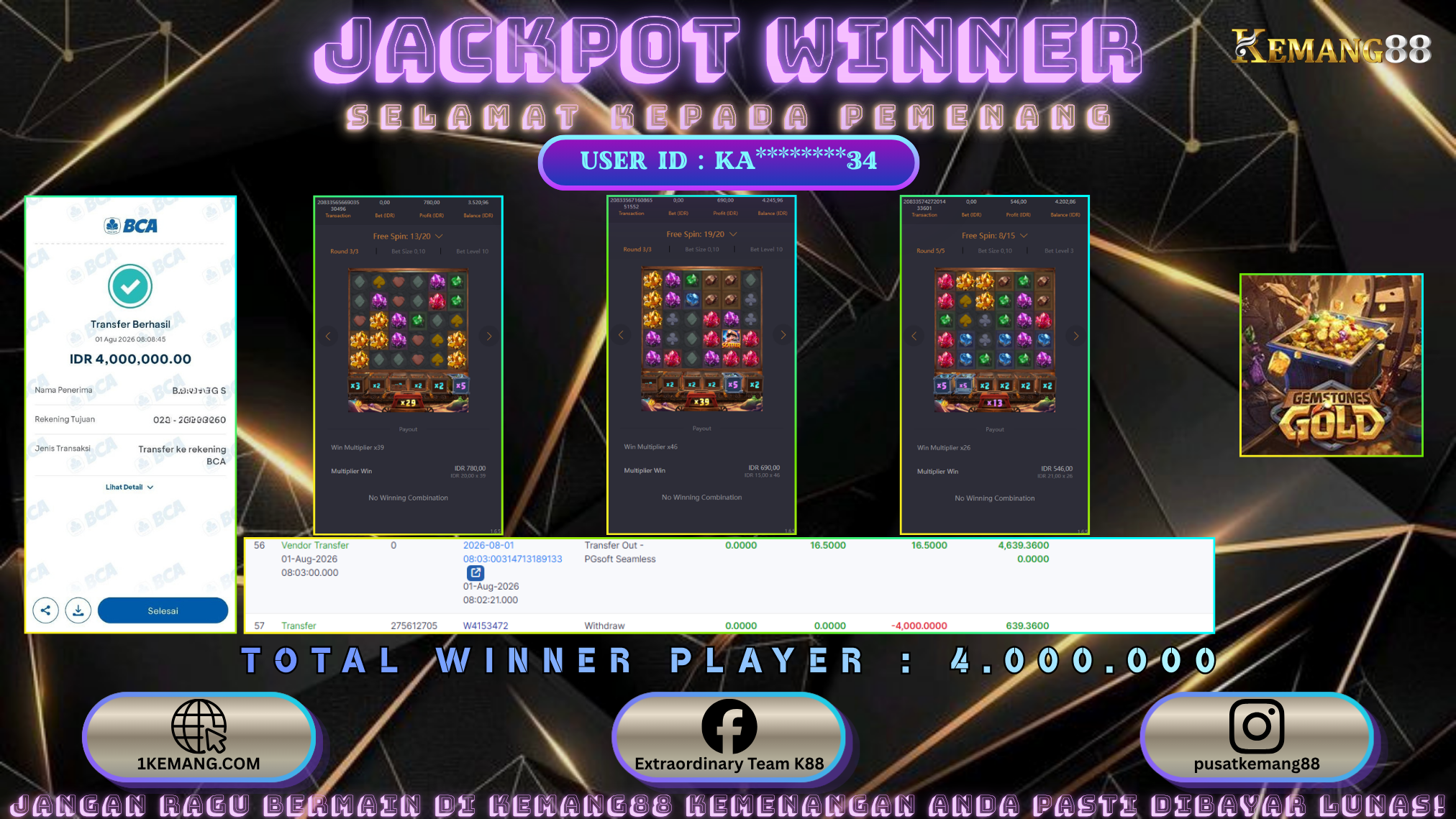 KEMANG88 [02 Agustus 2026] : JACKPOT SLOT : GEMSTONES GOLD [PG] Rp. 4.000.000.,- LUNAS