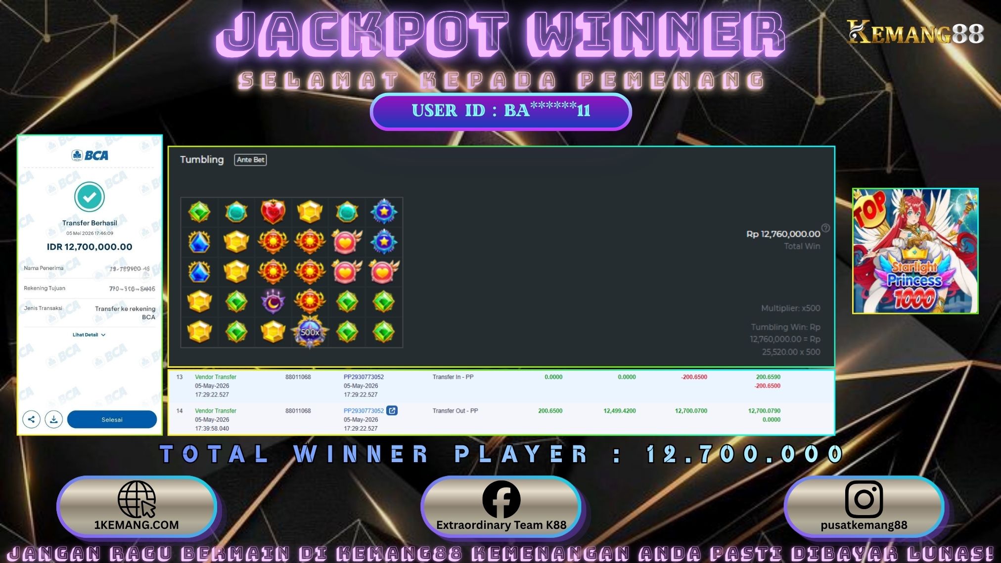 KEMANG88 [05 Mei 2026] : JACKPOT SLOT : STARLIGHT PRINCESS 1000 [PP] Rp. 12.700.000.,- LUNAS